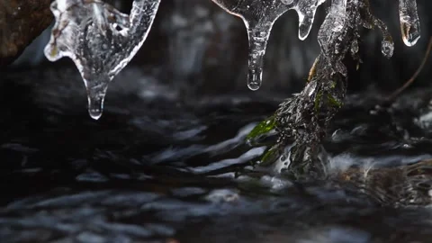 Icicles over a fast stream Stock Footage 144036898