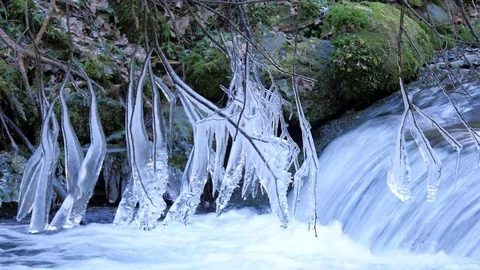 Icicles Over The Mountain Stream Flow Video stock 70317665