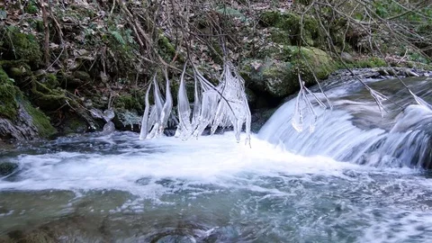 Icicles Over The Mountain Stream Flow Video stock 70355866