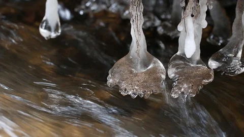 Icicles on river Stock Footage 99444778