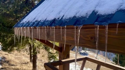 Icicles on the roof in winter Stock Footage 303472361