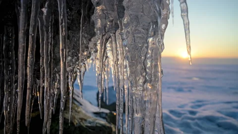 Icicles at sunset Stock Footage 144048545