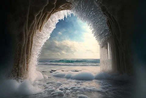 Icicles through the arch and a frozen sea. Generative AI Stock Illustration
