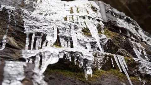 Icicles from a Waterfall in Winter Foto stock