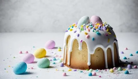 An icing sugar coated Easter kulich on a white concrete background with lit.. 스톡 일러스트