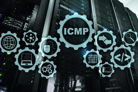 ICMP. Internet Control Message Protocol. Network concept. Server room on back Stock Photos