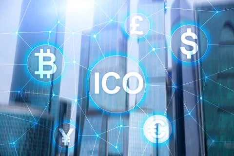 ICO - Initial coin offering, Blockchain and cryptocurrency concept on blurred Stock-Illustration