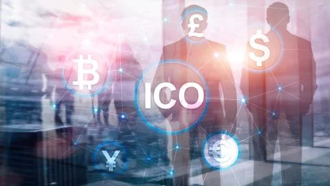 ICO - Initial coin offering, Blockchain and cryptocurrency concept on blurred Foto stock