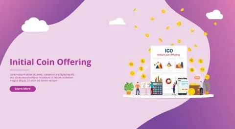 Ico initial coin offering concept with people website template banner and bus Stock Illustration