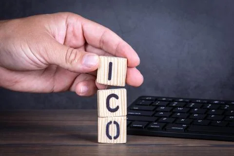 ICO, Initial Coin Offering concept. Alphabet letters and computer keyboard Stock Photos