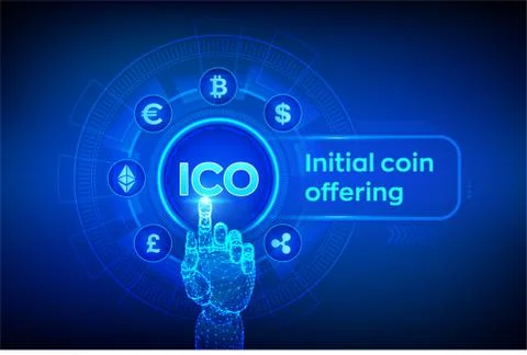 ICO. Initial coin offering. Cryptocurrency and global e-commerce concept. Fin Stock Illustration