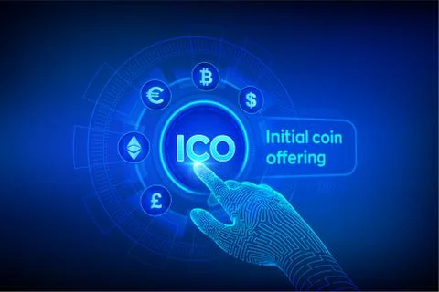ICO. Initial coin offering. Cryptocurrency and global e-commerce concept. Fin Stock Illustration