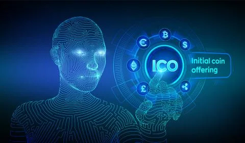 ICO. Initial coin offering. Cryptocurrency and global e-commerce concept. Fin Stock Illustration