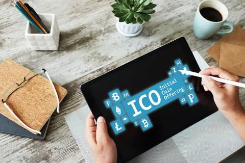 ICO - initial coin offering. Cryptocurrency, Blockchain. Fintech, modern Stock Photos