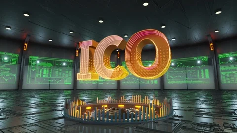 ICO text surrounded by data screens appears in the middle of hi-tech room Stock Footage 86906728