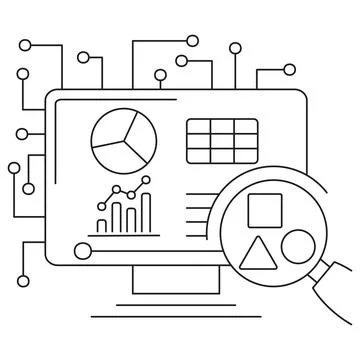 Icon of AI data analysis with charts, graphs, and magnifying glass Stock Illustration
