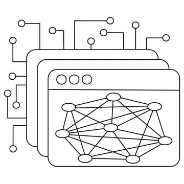 Icon of AI neural network visualization inside stacked web browser windows 스톡 일러스트