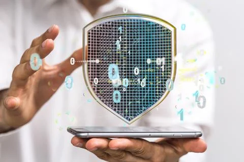 Icon and codes flying over the smartphone - information technology security Foto stock