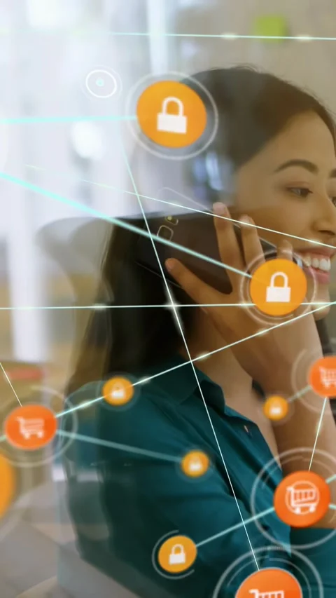 Icon appearing torso expanding web, she lifting phone, carts and locks forming, Stock Footage 331050181