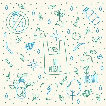 Icon background, no plastic. Conceptual Eco-life, sustainable, doodle. Poster Stock Illustration