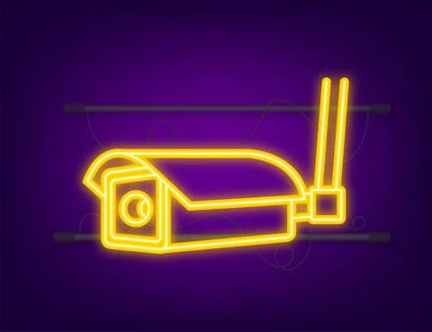 Icon with cctv on white background. Neon icon. Silhouette symbol. Camera icon Ilustración de archivo