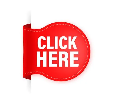 Icon with click here red ribbon on white background for web marketing design. Stock Illustration