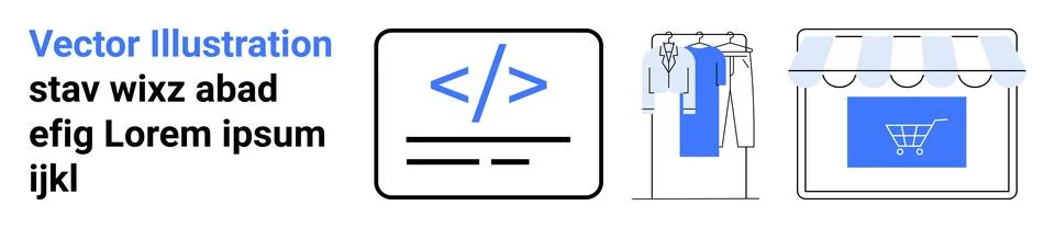 Icon of code screen, clothing rack, and online store interface. Ideal for e-c Stockillustratie