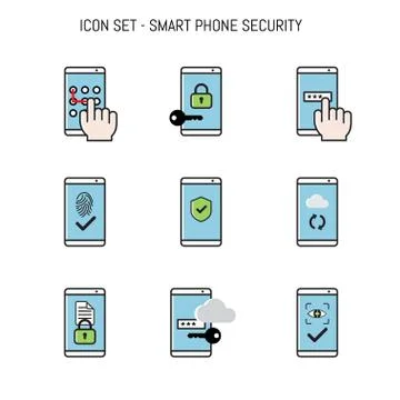 Icon collection pack with smart phone, mobile security concepts flat lay Stockillustratie