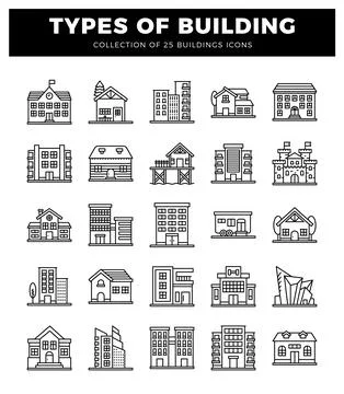 Icon collection for types of building. architectural elements. city planning. Illustrazione stock