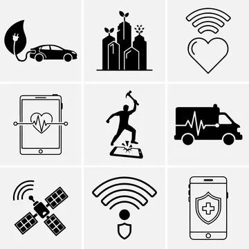 Icon collection visually represents an electric car charging with a leaf, see Stock Illustration
