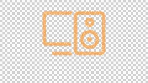 Icon computer speaker is made of yellow grains of sand. Some grains of sand fall Illustrazione stock