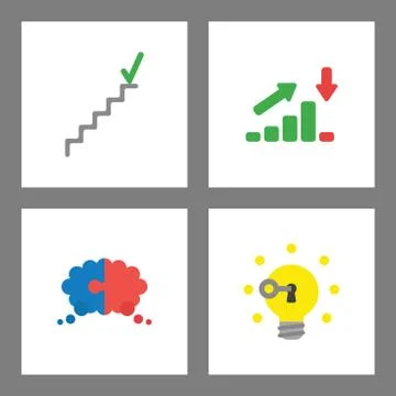 Icon concept set. Check mark at top of stairs, sales chart up and down, thoug Stock Illustration
