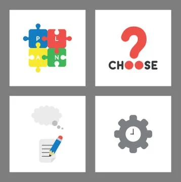 Icon concept set. Connected plan puzzle pieces, choose word with question mar Ilustración de archivo