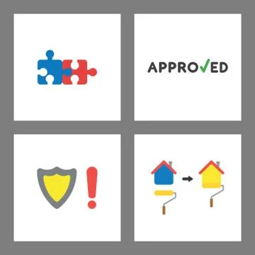 Icon concept set. Connected puzzle, approved with check mark, shield and excl 스톡 일러스트