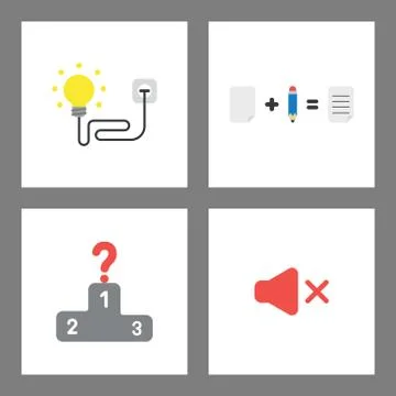 Icon concept set. Light bulb plugged into outlet, paper and pencil, qustion m Stock Illustration