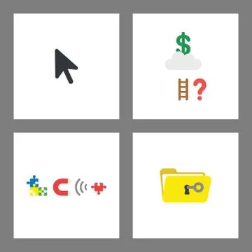 Icon concept set. Mouse cursor, reach dollar on cloud, magnet attracting puzz Stock Illustration