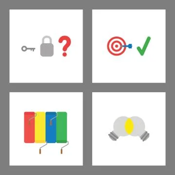 Icon concept set. Padlock without keyhole, bulls eye target success, painting Illustrazione stock