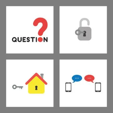 Icon concept set. Question word and mark, key unlock padlock, house with keyh Stock Illustration