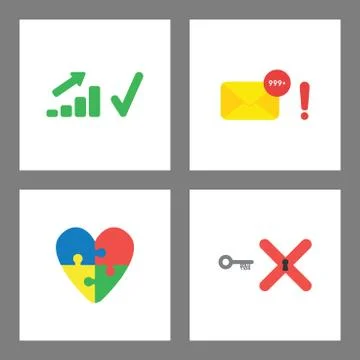 Icon concept set. Sales chart up, spam emails, heart puzzle, solution key to  Stock Illustration