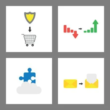 Icon concept set. Shield into shopping cart, sales chart arrow down and up, p Stock Illustration