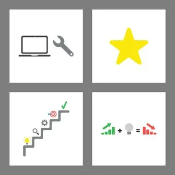 Icon concept set. Spanner and laptop, star shape, success stairs, sales chart Stock Illustration