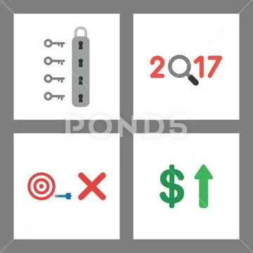 Icon concept set. Unlock padlock, 2017 with magnifying glass, bulls eye, miss Stock Illustration