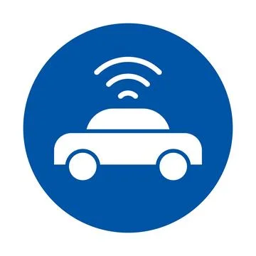 Icon of Connected Car with Wireless Signals in a Blue Circle Background Stock Illustration