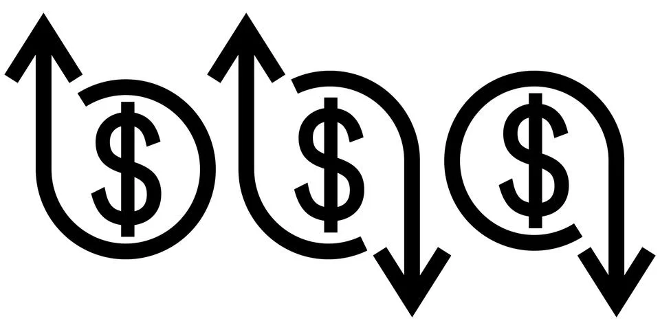 Icon crisis development flourishing, vector dollar sign and arrow up and down Stock Illustration