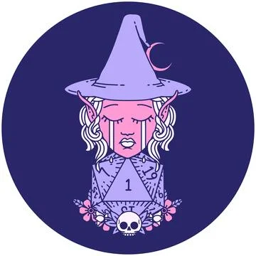 Icon of crying elf witch with natural one D20 roll in bright neon color Stock Illustration