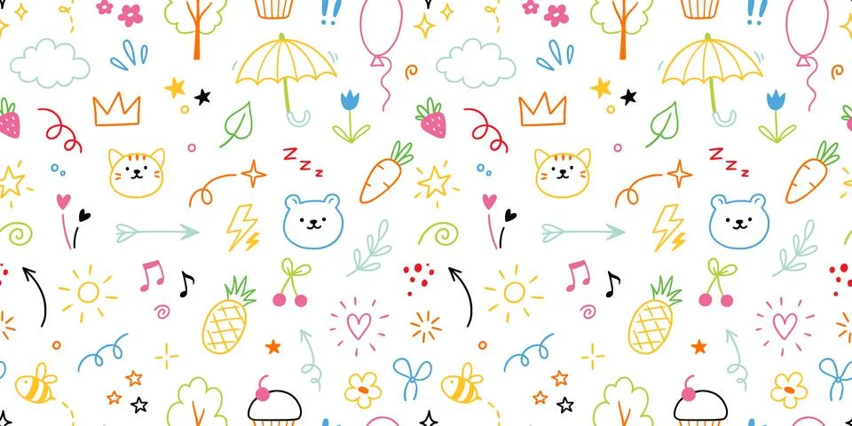 Icon cute line pattern. Seamless background with cartoon children, baby animals Stock Illustration