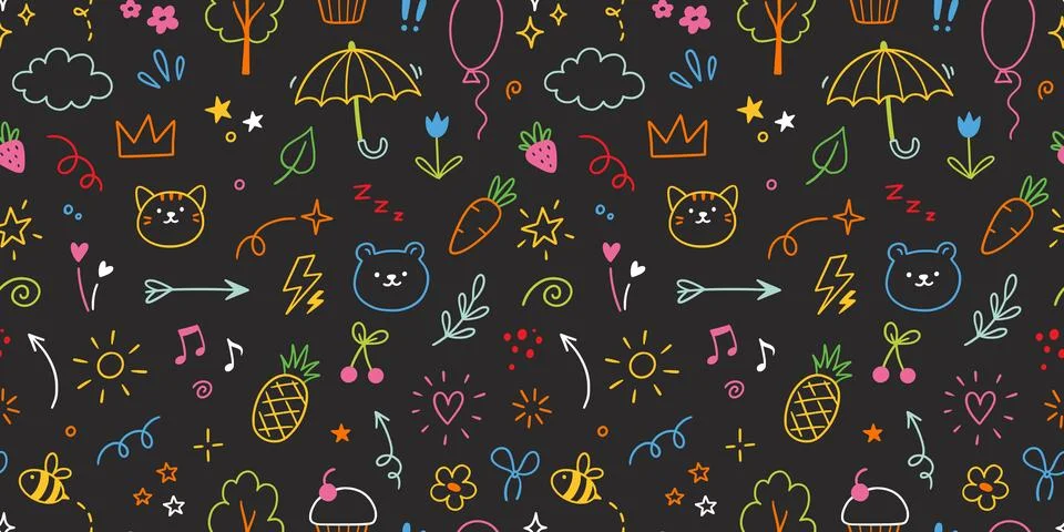 Icon cute line pattern. Seamless background with cartoon children, baby animals Stock Illustration