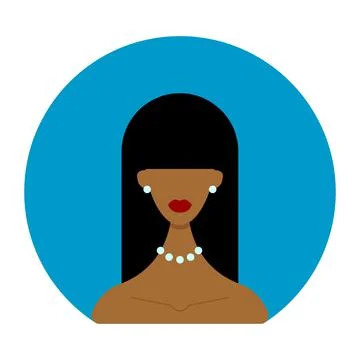 Icon dark-skinned black-haired woman with red lipstick on a blue oval background Illustrazione stock