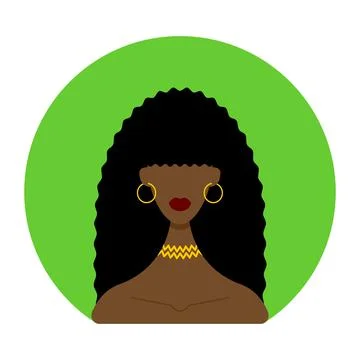 Icon dark-skinned black-haired woman with gold jewelry on a green oval Stock Illustration