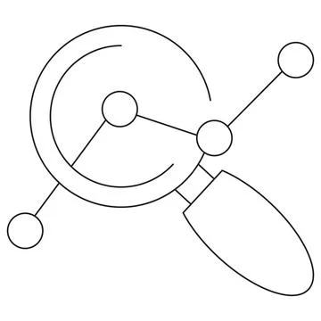 Icon of data analysis with a magnifying glass and a connected graph Stock Illustration
